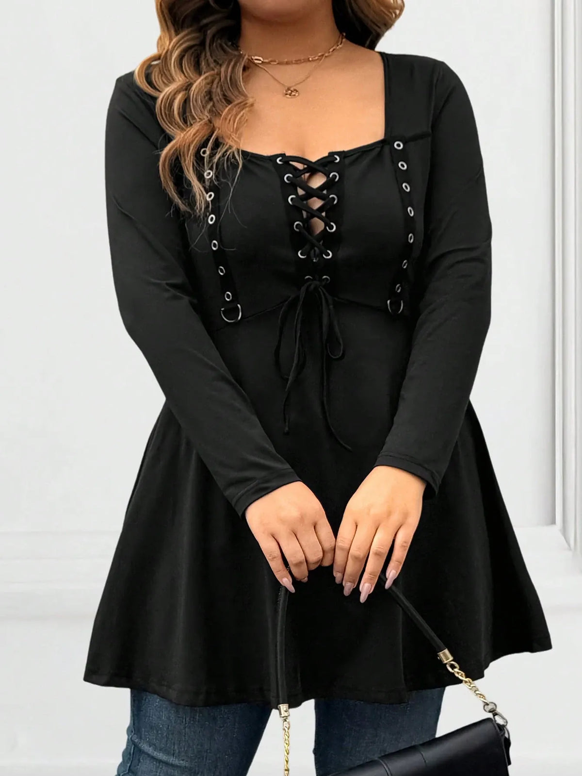 jkthpu-45 Plus Size LaceUp Long Sleeve Tee Minimalist Fall Essential