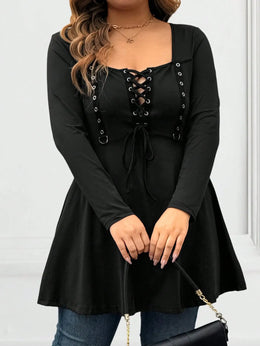 jkthpu-45 Plus Size LaceUp Long Sleeve Tee Minimalist Fall Essential