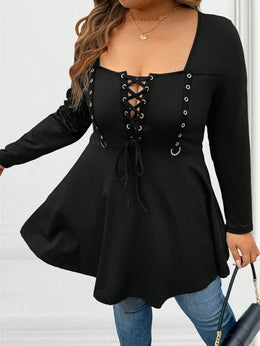 jkthpu-45 Plus Size LaceUp Long Sleeve Tee Minimalist Fall Essential