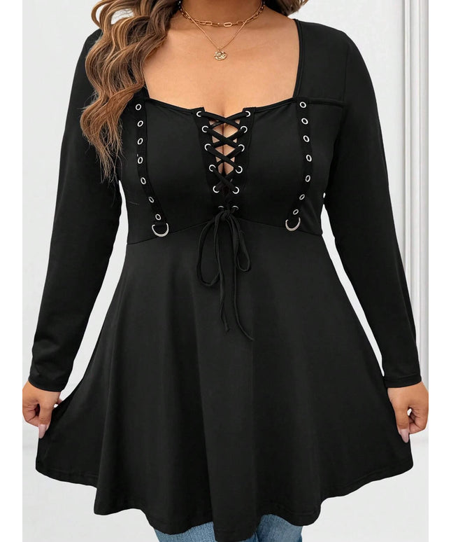 jkthpu-45 Plus Size LaceUp Long Sleeve Tee Minimalist Fall Essential