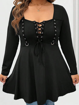 jkthpu-45 Plus Size LaceUp Long Sleeve Tee Minimalist Fall Essential