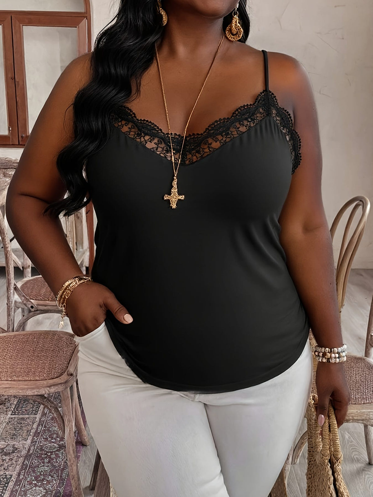 jkthpu-45 Plus Size LaceUp Ruffle Neck Sexy Tank Top