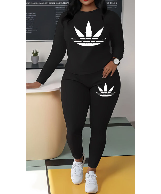 jkthpu-45 Plus Size Leaf Print Long Sleeve TShirt  Pants Set