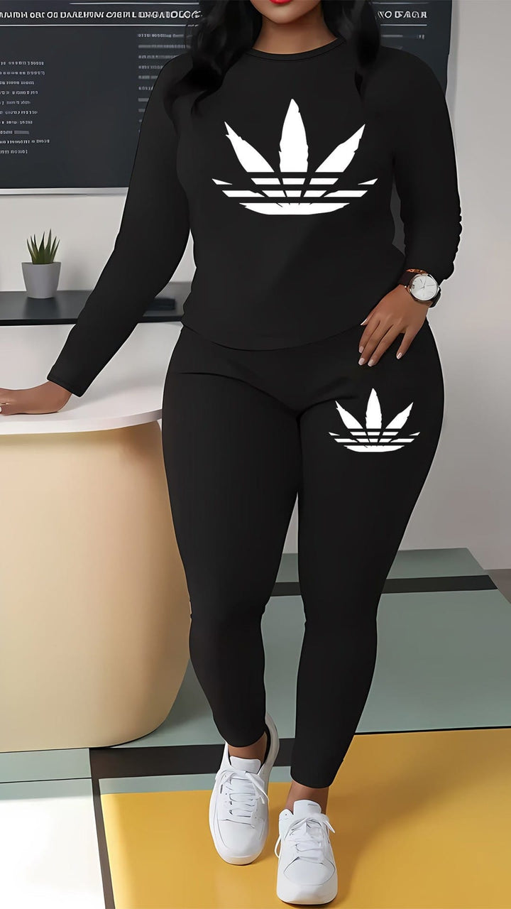 Plus Size Leaf Print Long Sleeve TShirt  Pants Set