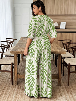 jkthpu-45 outfit set Plus Size Leaf Print Vacation 2pc Set