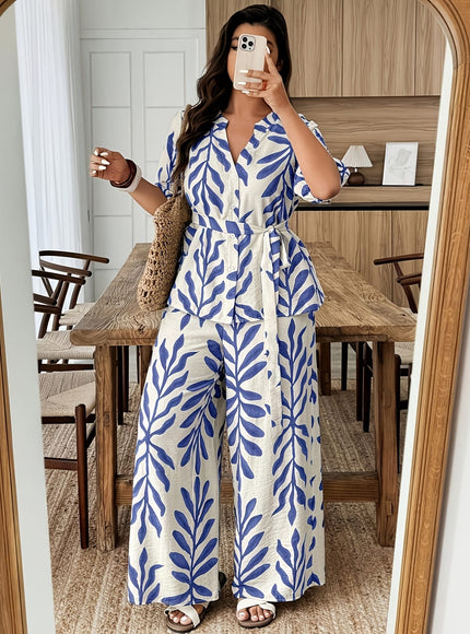 jkthpu-45 outfit set Plus Size Leaf Print Vacation 2pc Set