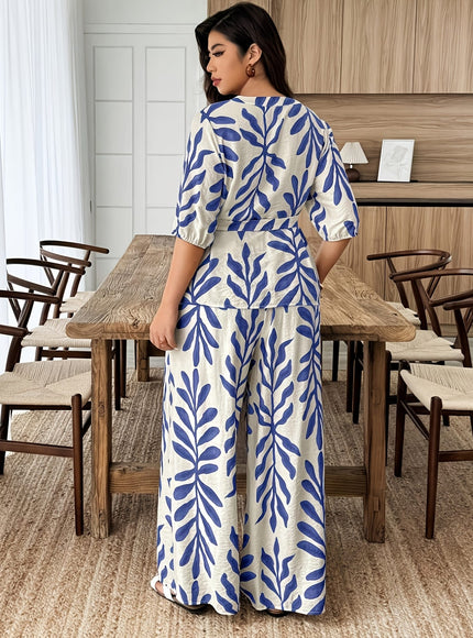 jkthpu-45 outfit set Plus Size Leaf Print Vacation 2pc Set