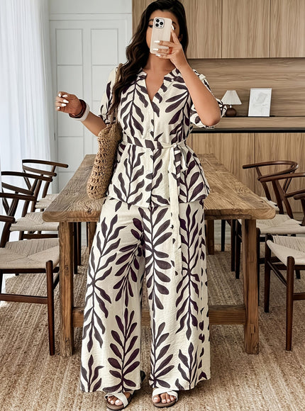 jkthpu-45 outfit set Plus Size Leaf Print Vacation 2pc Set