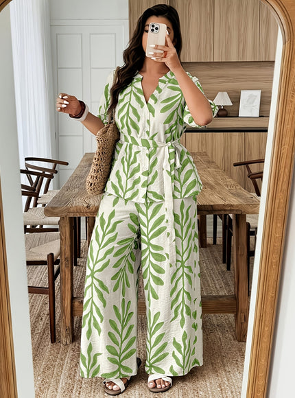 jkthpu-45 outfit set Plus Size Leaf Print Vacation 2pc Set