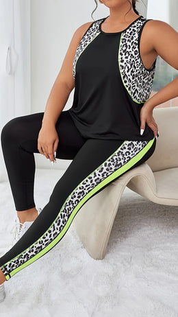 jkthpu-45 Plus Size Leopard Athleisure Set Breathable Black  White