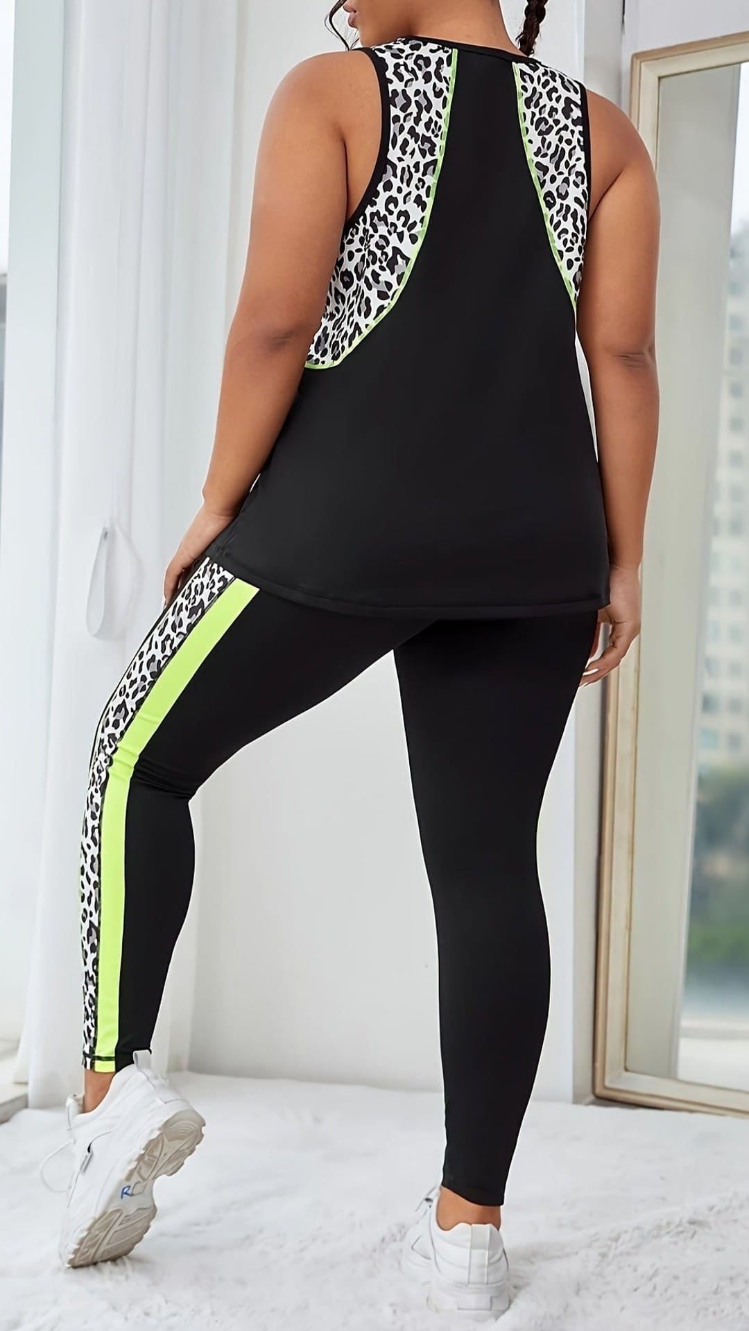 jkthpu-45 Plus Size Leopard Athleisure Set Breathable Black  White