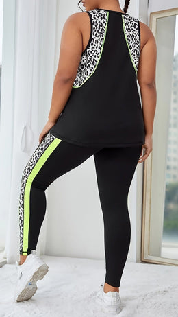 jkthpu-45 Plus Size Leopard Athleisure Set Breathable Black  White