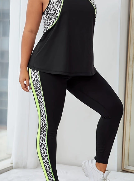 jkthpu-45 Plus Size Leopard Athleisure Set Breathable Black  White