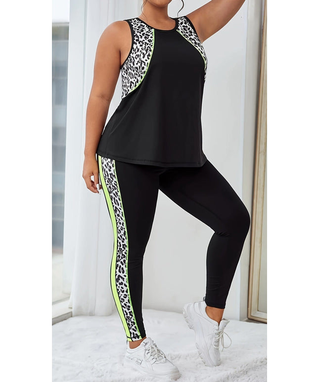 jkthpu-45 Plus Size Leopard Athleisure Set Breathable Black  White