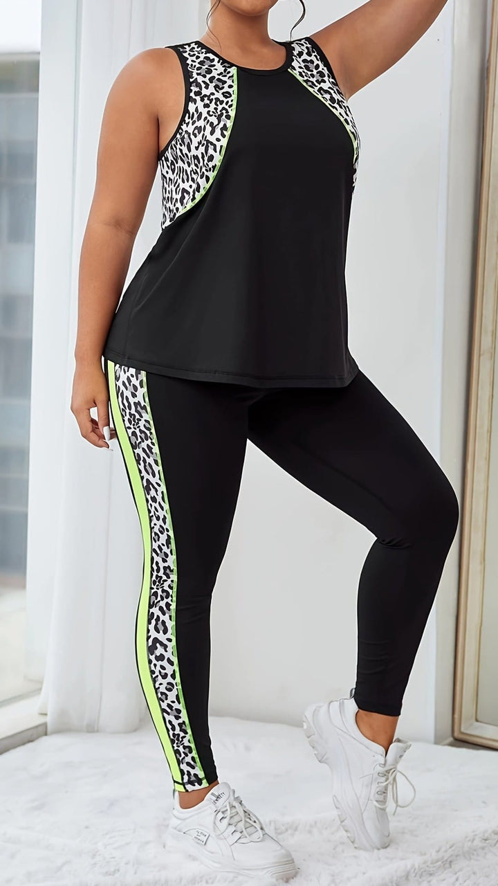 Plus Size Leopard Athleisure Set Breathable Black  White