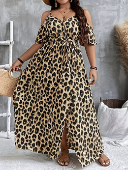 jkthpu-45 Plus Size Leopard OffShoulder Maxi Dress Chic Summer Style