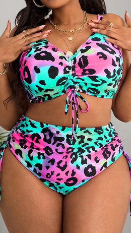 jkthpu-45 Plus Size Leopard OffShoulder Swimsuit Vibrant Pink  Blue