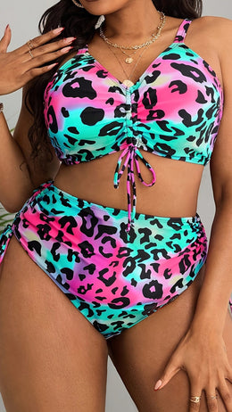 jkthpu-45 Plus Size Leopard OffShoulder Swimsuit Vibrant Pink  Blue