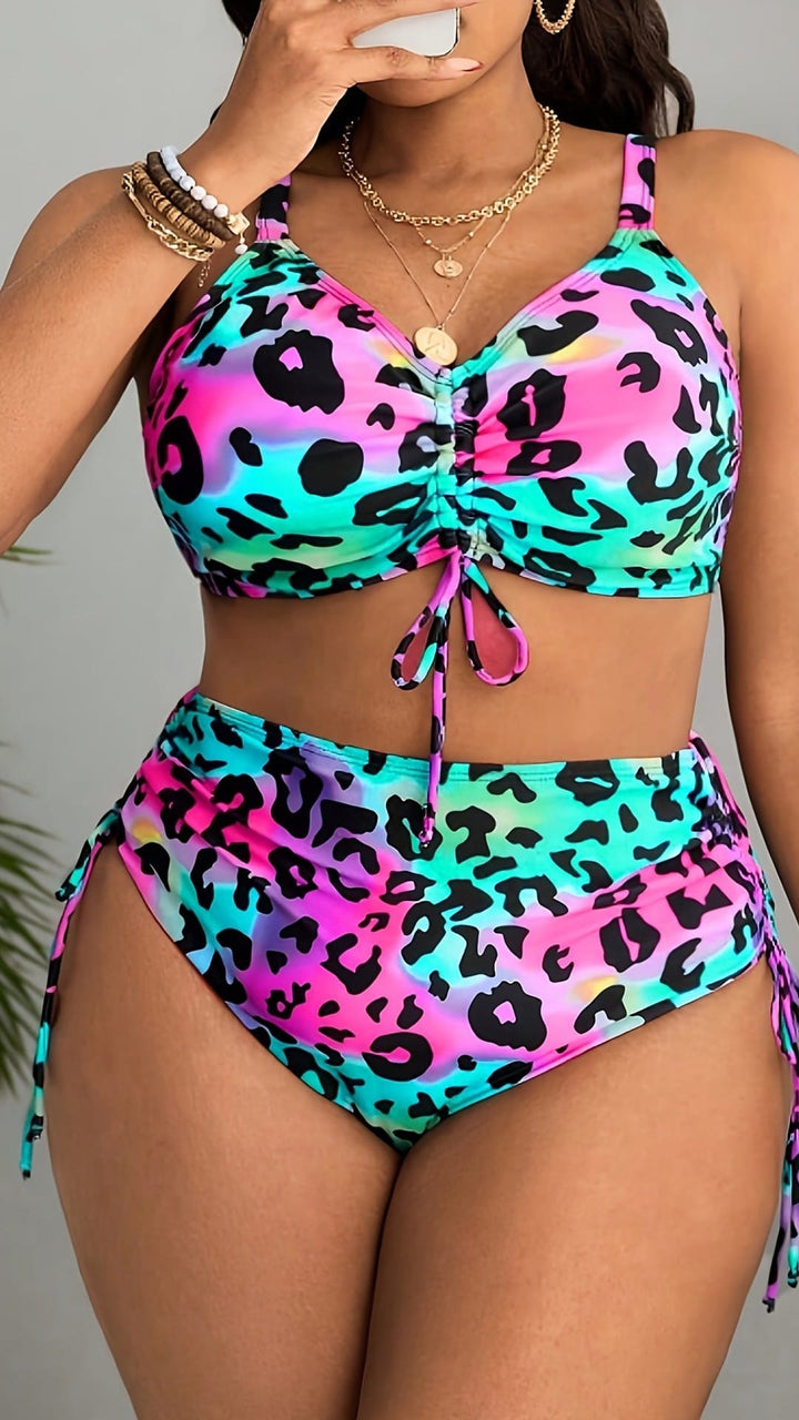 Plus Size Leopard OffShoulder Swimsuit Vibrant Pink  Blue