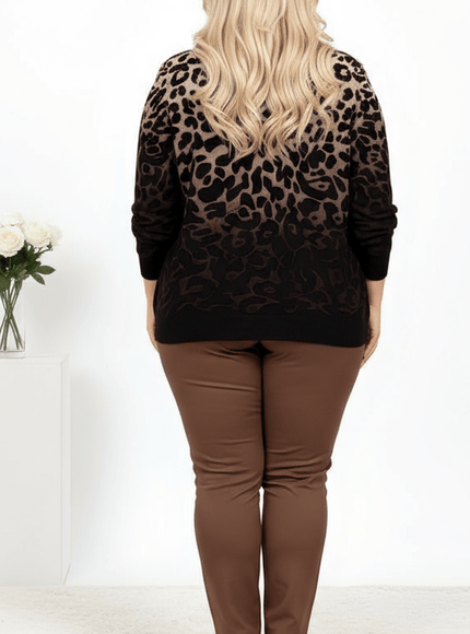 jkthpu-45 Plus Size Leopard Ombre Crewneck Sweatshirt  Beige to Black