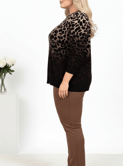 jkthpu-45 Plus Size Leopard Ombre Crewneck Sweatshirt  Beige to Black