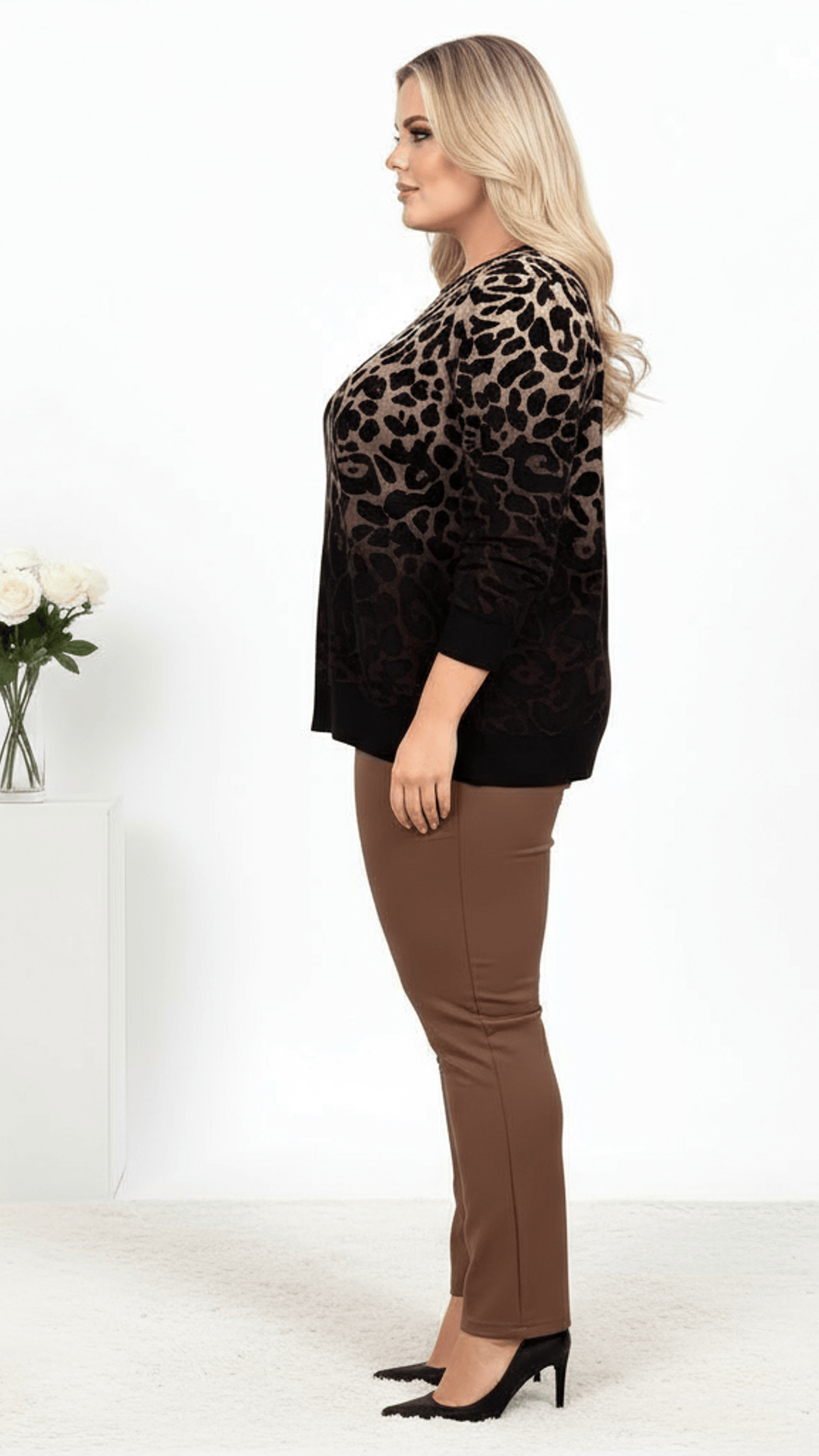 jkthpu-45 Plus Size Leopard Ombre Crewneck Sweatshirt  Beige to Black