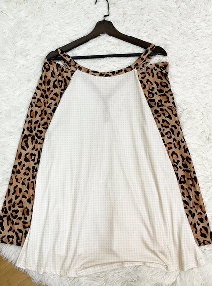 jkthpu-45 Plus Size, Leopard Patchwork Long Sleeve T Shirt