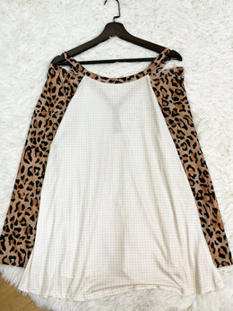 jkthpu-45 Plus Size, Leopard Patchwork Long Sleeve T Shirt