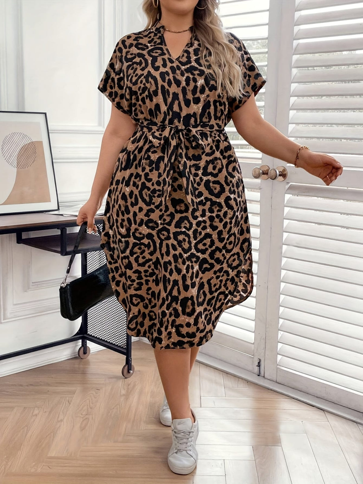 jkthpu-45 Dresses Plus Size Leopard Peplum VNeck Summer Dress