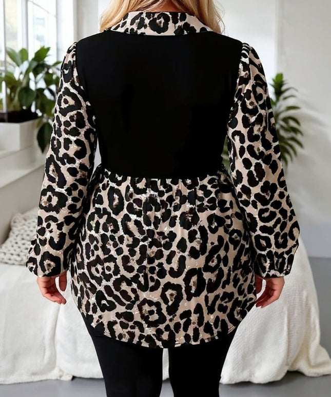KissICON Plus Size Leopard Print Contrast Blouse with Long Sleeves – Statement Style
