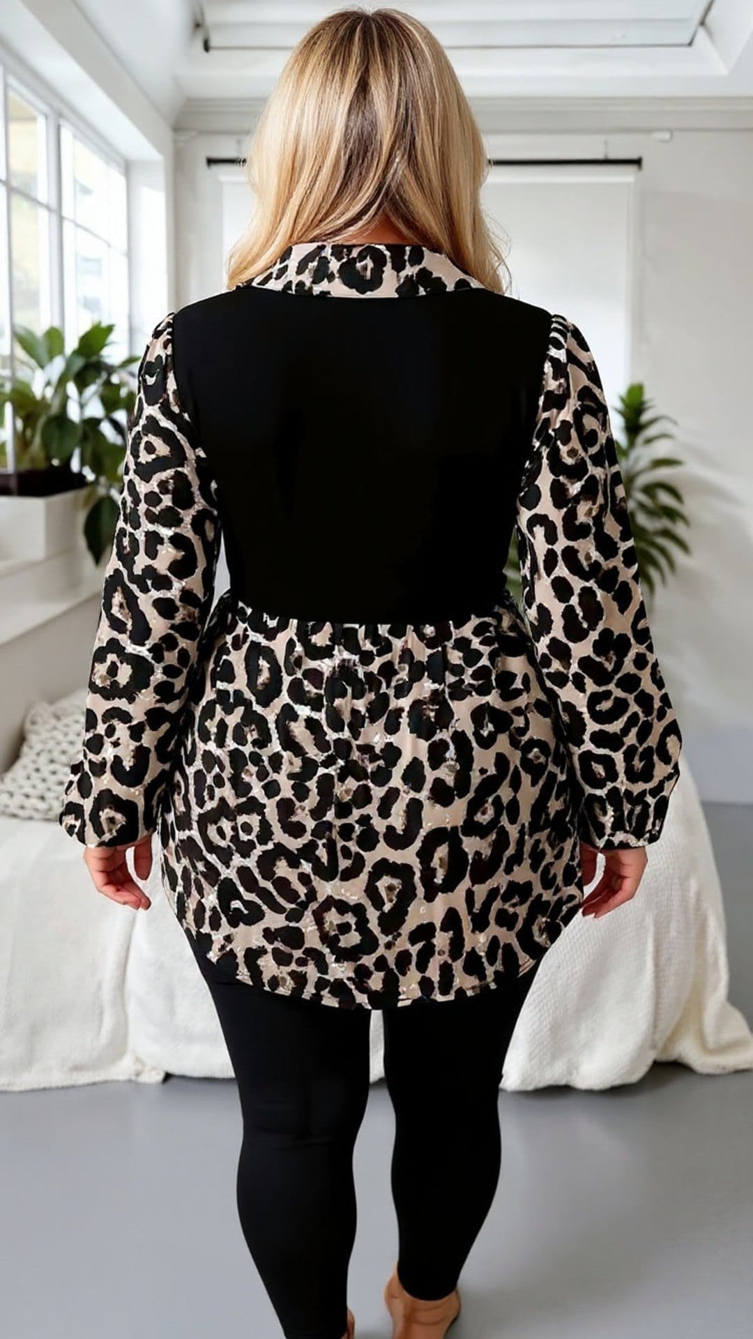KissICON Plus Size Leopard Print Contrast Blouse with Long Sleeves – Statement Style
