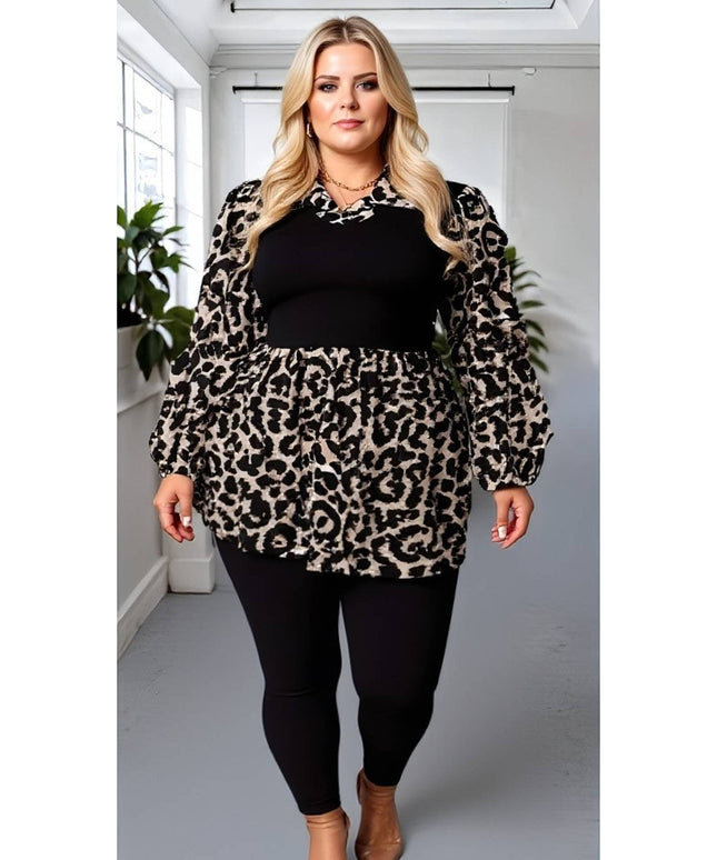 KissICON Plus Size Leopard Print Contrast Blouse with Long Sleeves – Statement Style