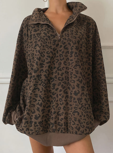 jkthpu-45 Plus Size Leopard Print Half-Zip Pullover Sweatshirt – Lapel Collar