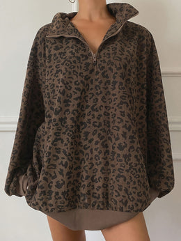 jkthpu-45 Plus Size Leopard Print Half-Zip Pullover Sweatshirt – Lapel Collar