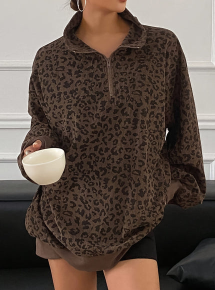 jkthpu-45 Plus Size Leopard Print Half-Zip Pullover Sweatshirt – Lapel Collar