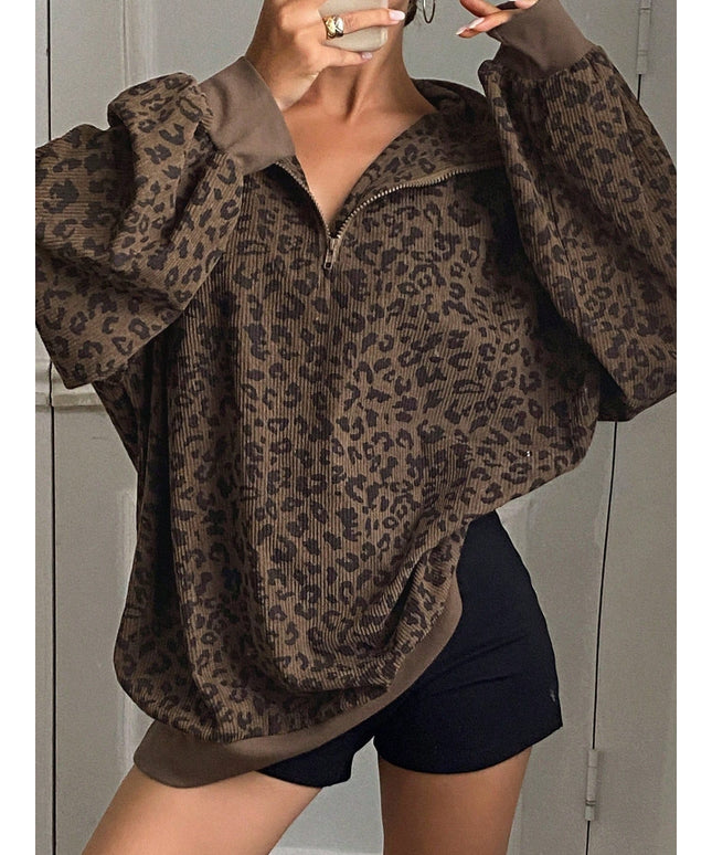 jkthpu-45 Plus Size Leopard Print Half-Zip Pullover Sweatshirt – Lapel Collar