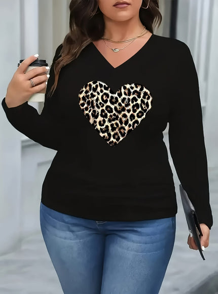 jkthpu-45 Plus Size Leopard Print Heart V-Neck Long Sleeve