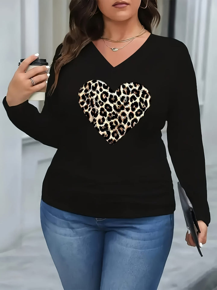 Plus Size Leopard Print Heart V-Neck Long Sleeve