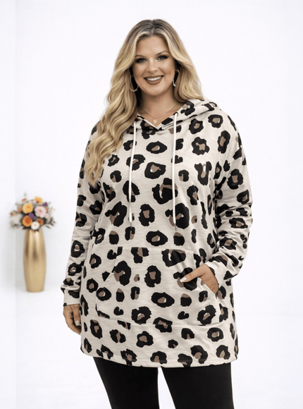 KissICON Hoodie Plus Size Leopard Print Hooded Long-Sleeve Sweatshirt