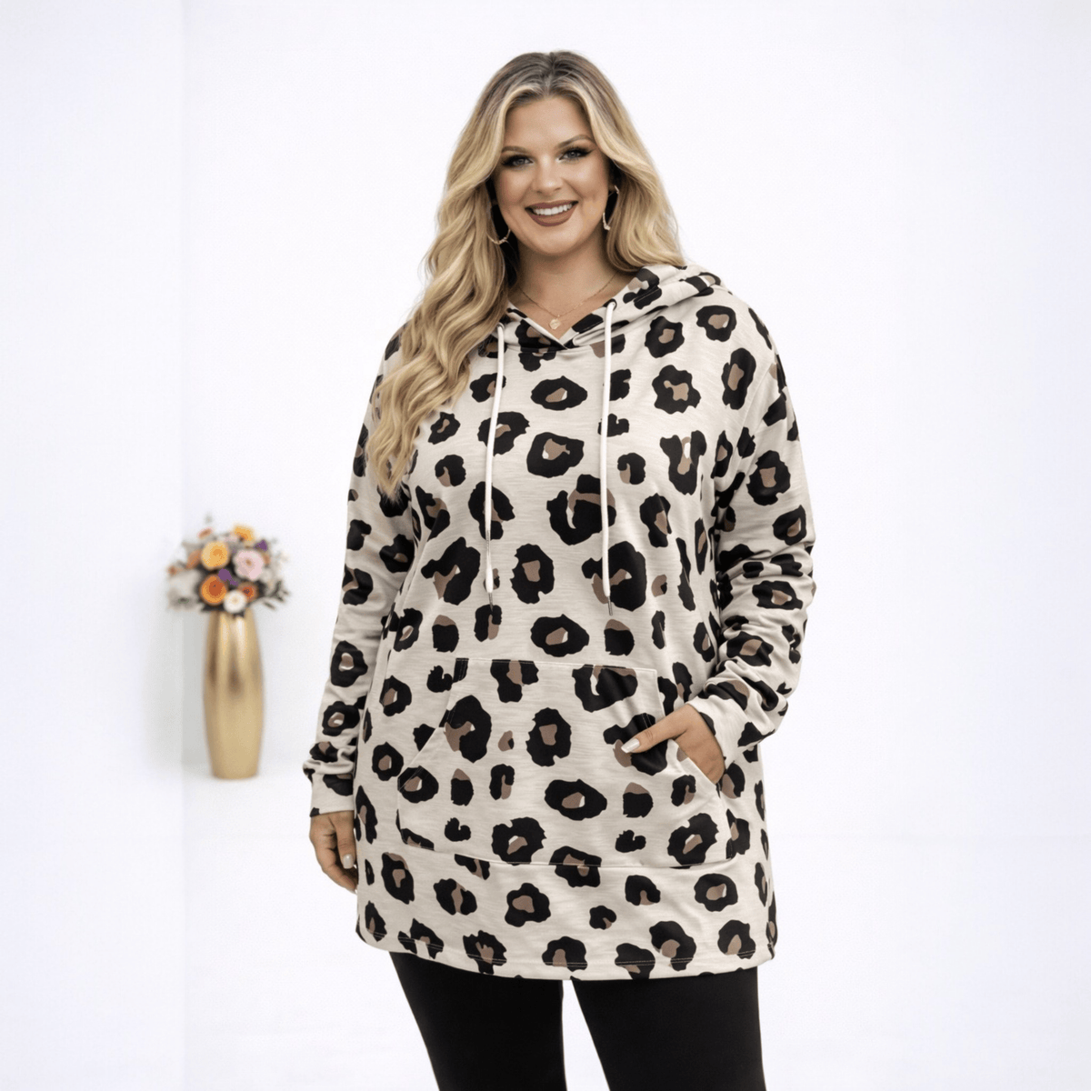 KissICON Hoodie Plus Size Leopard Print Hooded Long-Sleeve Sweatshirt