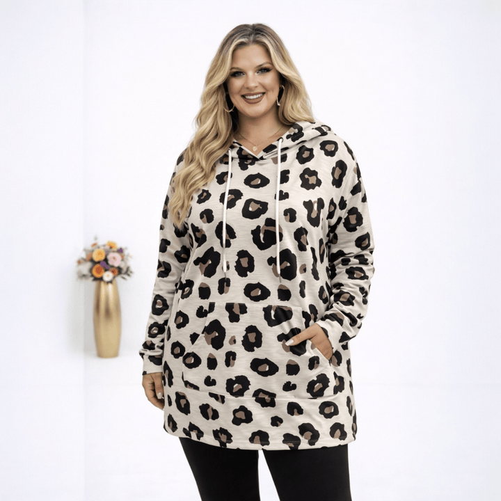 Plus Size Leopard Print Hooded Long-Sleeve Sweatshirt