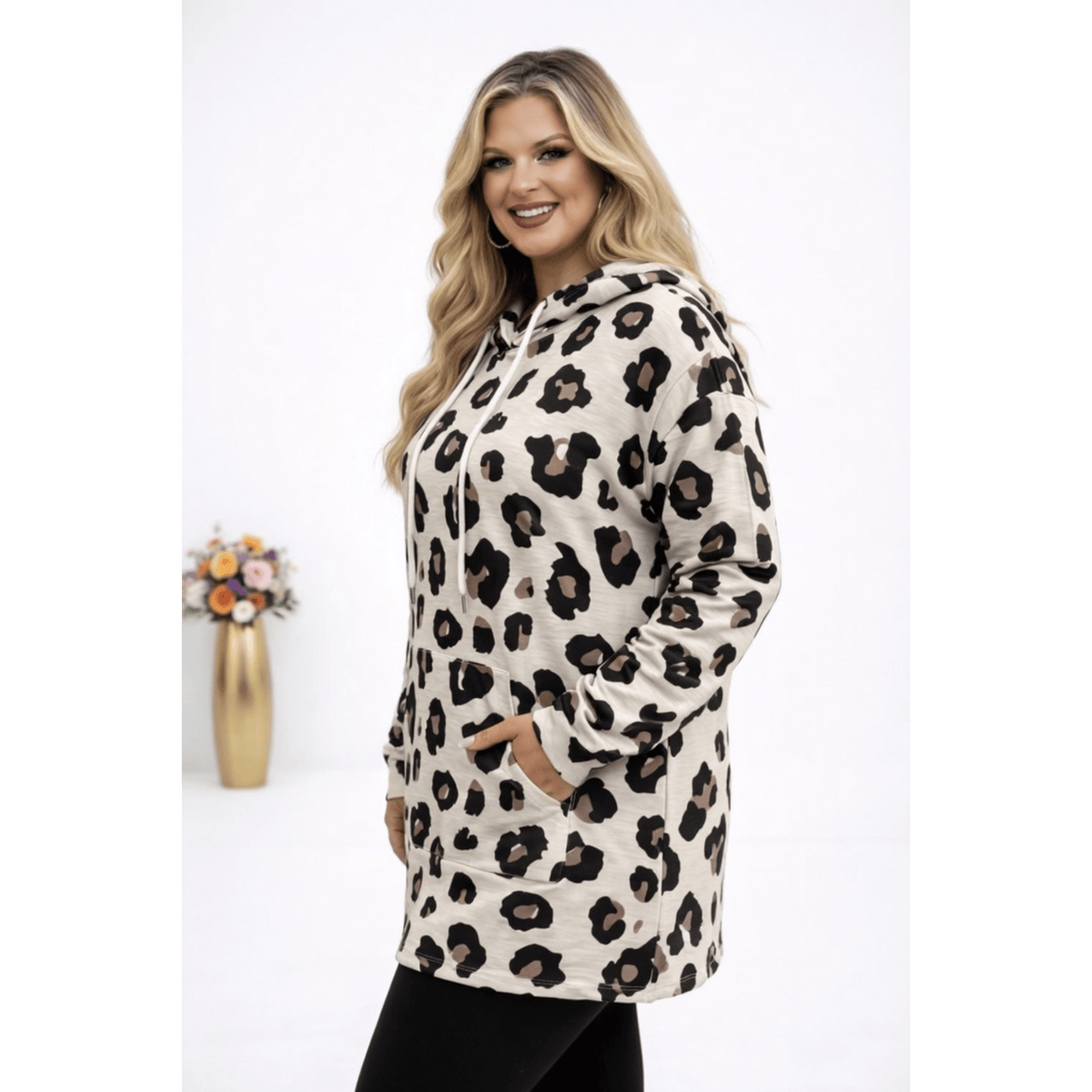 KissICON Hoodie Plus Size Leopard Print Hooded Long-Sleeve Sweatshirt