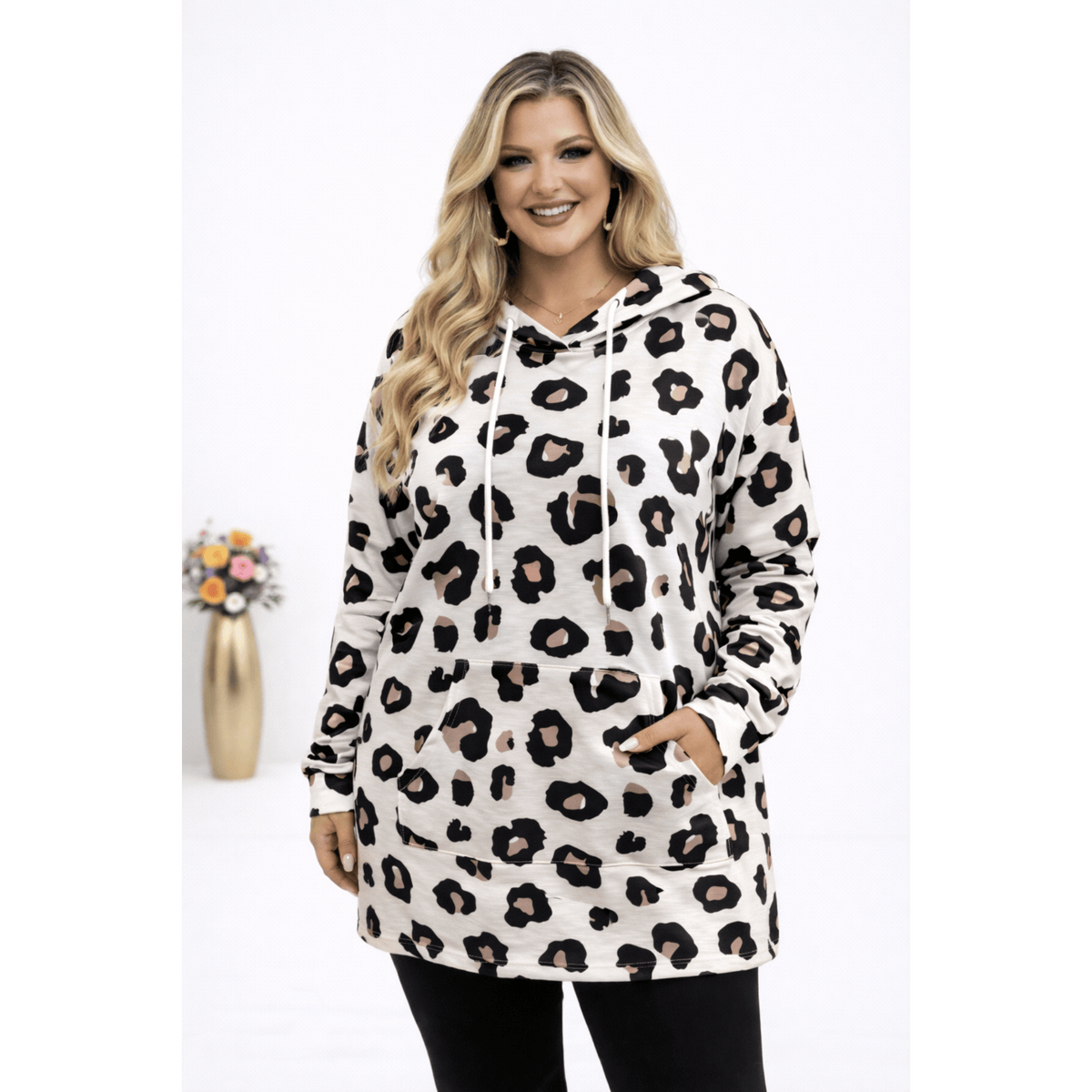 KissICON Hoodie Plus Size Leopard Print Hooded Long-Sleeve Sweatshirt