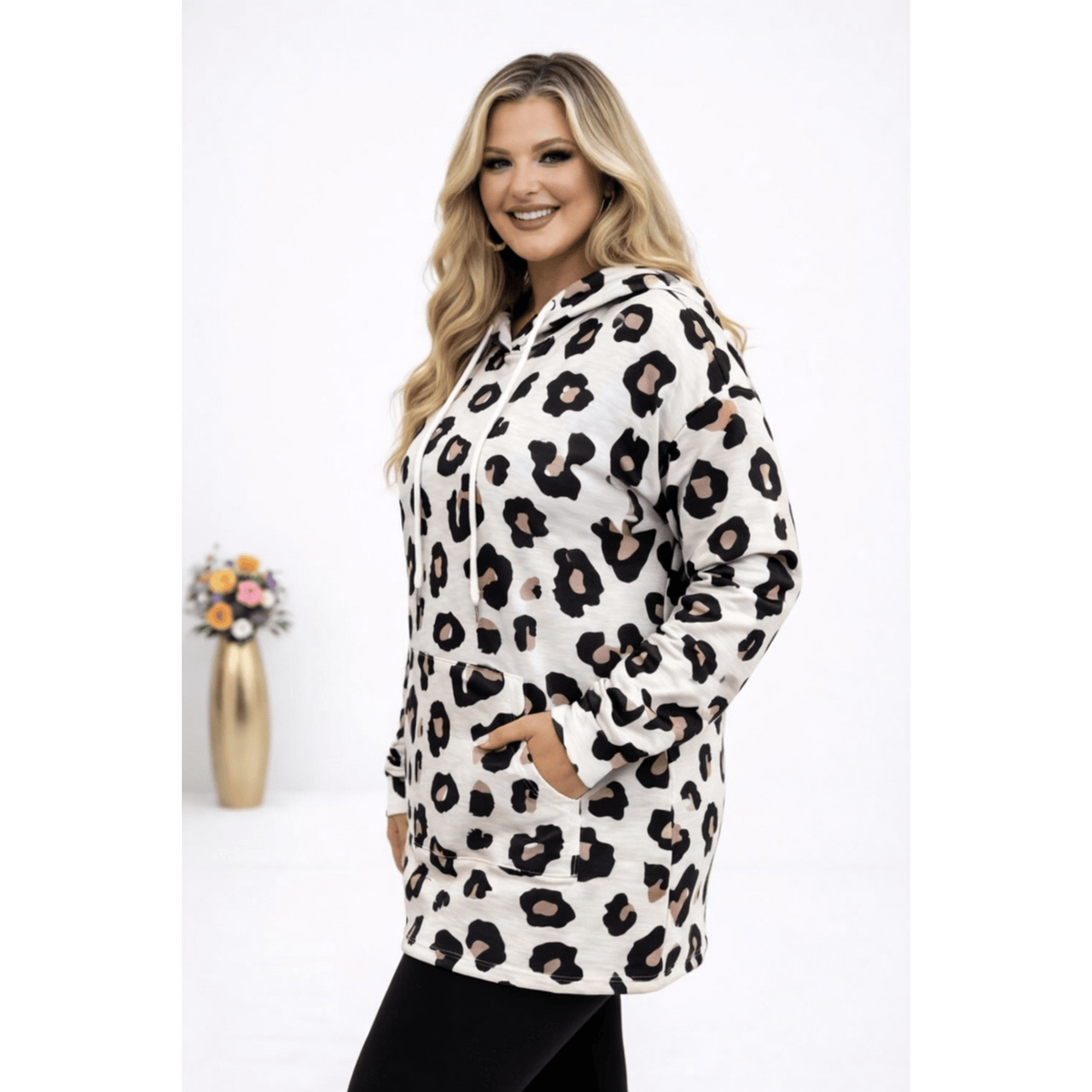 KissICON Hoodie Plus Size Leopard Print Hooded Long-Sleeve Sweatshirt