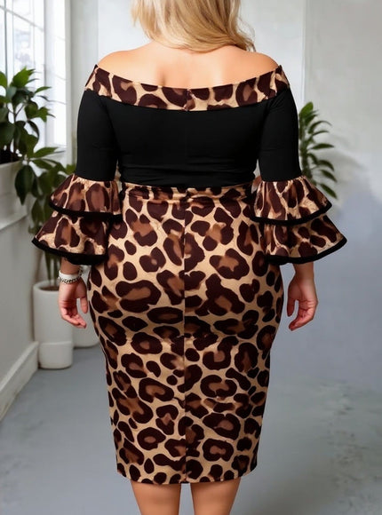 KISSICON Plus Size Leopard Print Off-Shoulder Bodycon Midi Dress