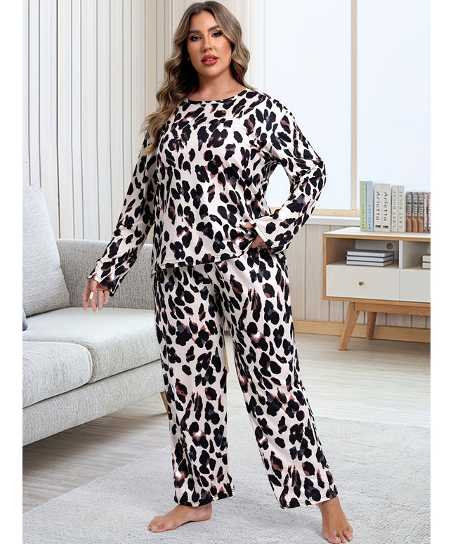 jkthpu-45 Plus Size Leopard Print Pajama Set with Long