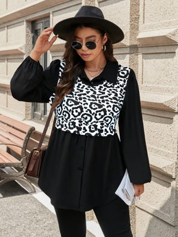 KissICON Plus Size, Leopard Print Plus Size Shirt - Stylish Contrast Color Mid-Length Blouse for Spring and Autumn
