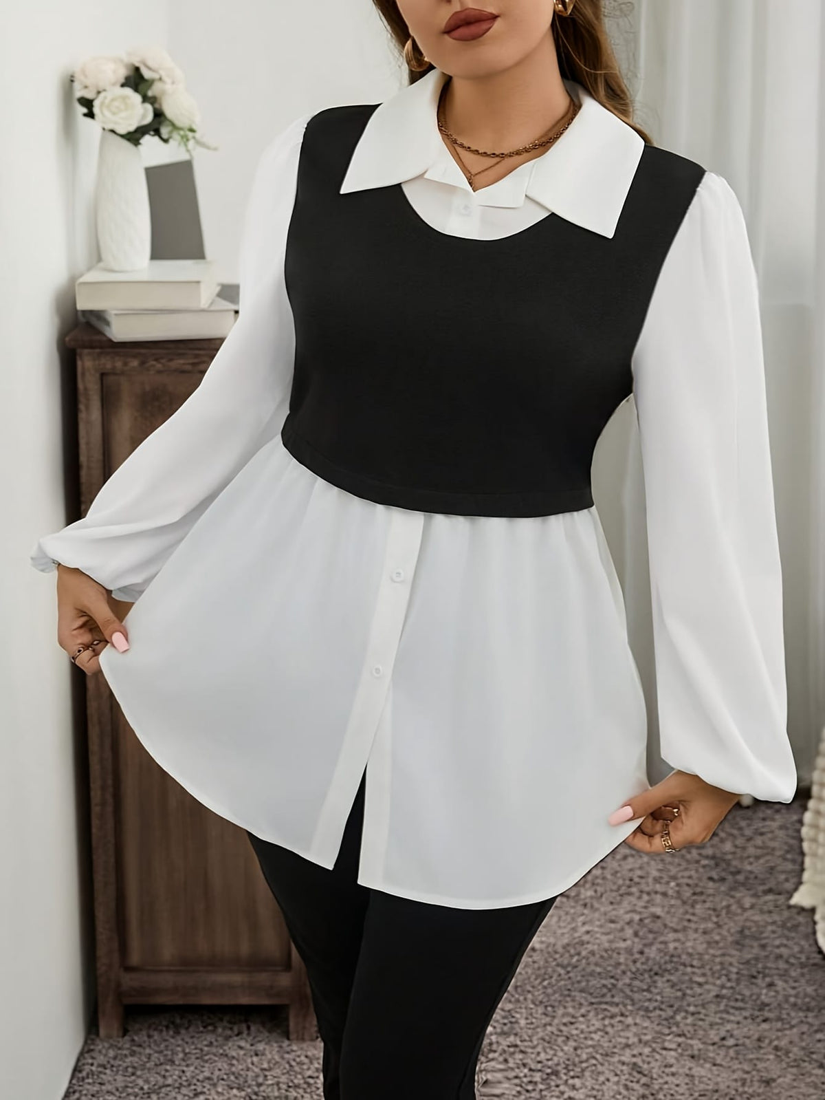 KissICON Plus Size, Leopard Print Plus Size Shirt - Stylish Contrast Color Mid-Length Blouse for Spring and Autumn