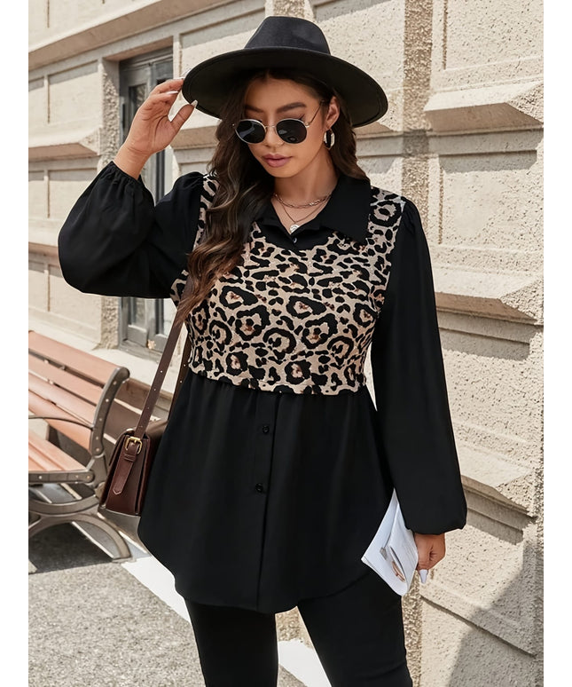 KissICON Plus Size, Leopard Print Plus Size Shirt - Stylish Contrast Color Mid-Length Blouse for Spring and Autumn