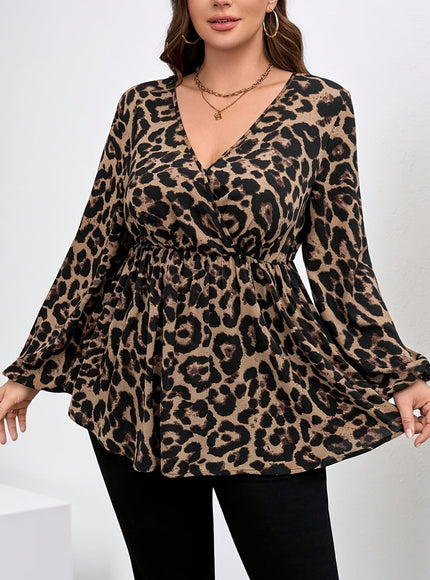 jkthpu-45 Plus Size Leopard Print V-Neck Blouse – Long Sleeve Button-Up Ruffled Hem